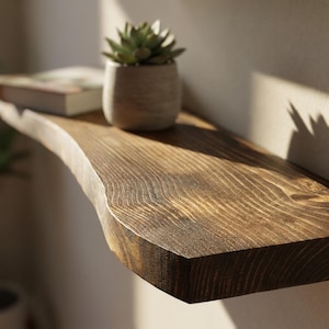 Könnte beinhalten: Rustikales Holzregal mit natürlicher Kante und dunkelbrauner Oberfläche. Ein kleiner Topf mit Sukkulenten und ein Buch liegen auf dem Regal. Das Regal ist an einer neutralfarbenen Wand befestigt und schafft eine warme, natürliche Ästhetik.