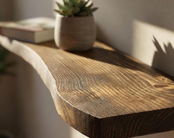 Natural Edge Floating Shelf, Solid Wood Wall Shelf with Organic Live Edge Look, Rustic Modern Home Office Decor, Minimal Wall Storage