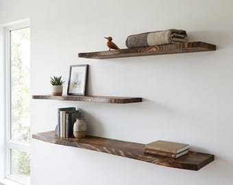 Floating Wood Shelves Custom Size, Live Edge Shelf, Minimalist Wall Shelving, Farmhouse Decor