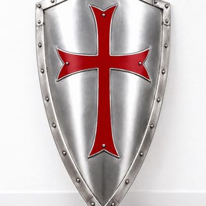 Bouclier templier en acier fabriqué à la main : Croix de croisé polie, réplique d'armure de chevalier médiéval pour cosplay et GN