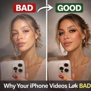 Pode incluir: Uma tela dividida mostrando uma pessoa segurando um smartphone. O lado esquerdo está rotulado como BAD em vermelho e o lado direito como GOOD em verde. O texto na parte inferior diz Why Your iPhone Videos Løk BAD.