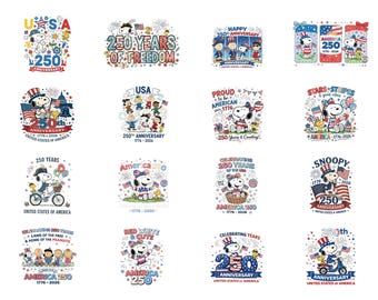 May include: A collection of digital PNG files featuring Snoopy and the Peanuts gang celebrating the 250th anniversary of America. Designs include patriotic themes with flags, fireworks, and the text "America 250" and "United States of America".