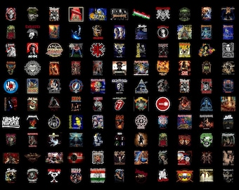 May include: A collection of various band logos and album art, including AC/DC, The Beatles, and The Rolling Stones, arranged in a grid. The text "HIGH QUALITY PNG FILES" and "DIGITAL DOWNLOAD" are displayed.