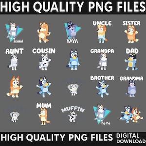May include: A collection of cartoon dog characters, each labeled with family titles like "Dad," "Mum," and "Grandpa." The characters are in various poses and colors, set against a gray background. The text "HIGH QUALITY PNG FILES" is at the top and bottom.