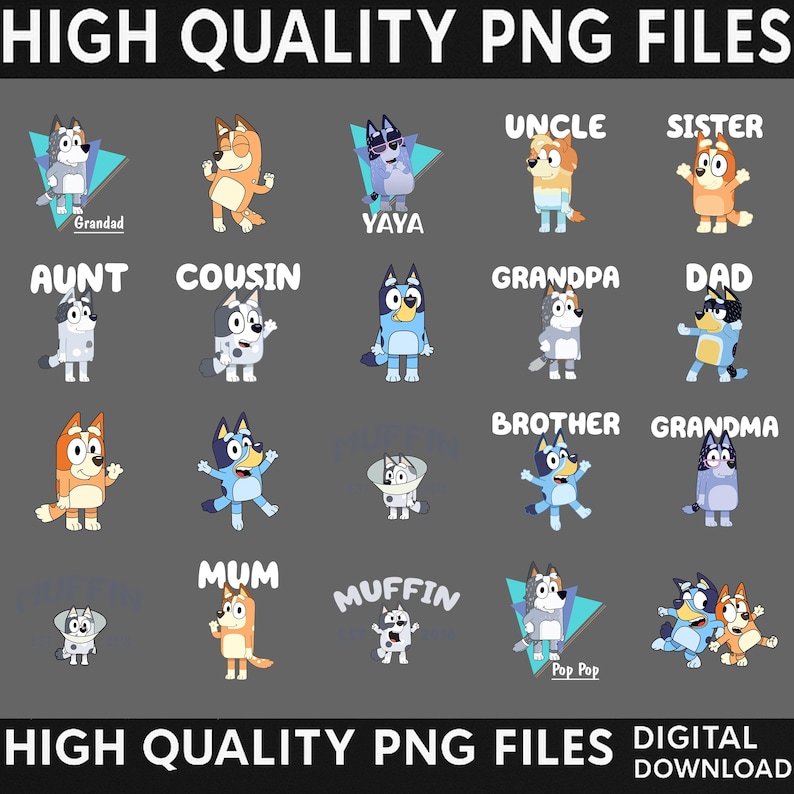 May include: A collection of cartoon dog characters, each labeled with family titles like "Dad," "Mum," and "Grandpa." The characters are in various poses and colors, set against a gray background. The text "HIGH QUALITY PNG FILES" is at the top and bottom.