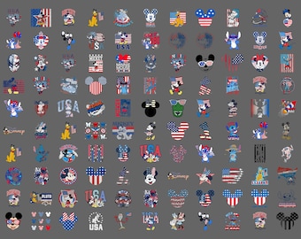 May include: A collection of high-quality PNG files featuring various patriotic and Disney-themed designs. The designs include Mickey Mouse, Minnie Mouse, Stitch, and American flag motifs. The text "USA" and "MICKEY" are also visible.