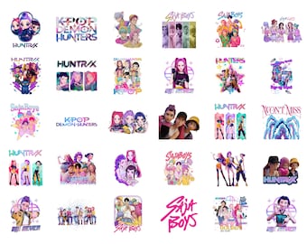 May include: A collection of colorful K-Pop-themed digital designs. The designs feature various illustrations of anime-style characters, logos, and text, including "KPOP DEMON HUNTERS" and "SAJA BOYS". The image also includes the text "1700+ DESIGN".