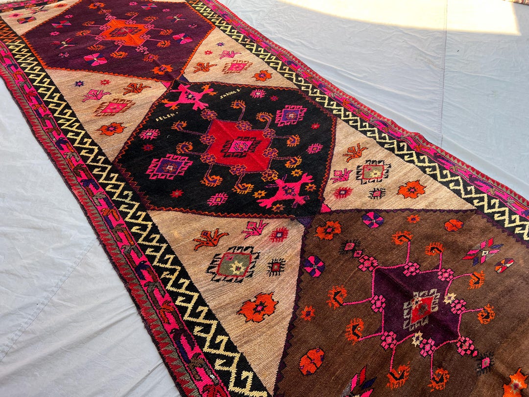Vintage Caucasian Rug, 5'9x16'4 Ft, Hand-knotted Wool, Geometric ...