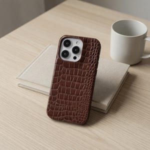 May include: A brown, textured phone case with a crocodile skin pattern. The case is on a light-colored wooden surface, next to a closed book and a white mug. The phone case has three camera lenses.