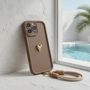 May include: A taupe phone case with a gold heart charm and a matching wrist strap. The case has a matte finish and a raised camera bump. The wrist strap is made of woven beige fabric and a gold-colored clasp.