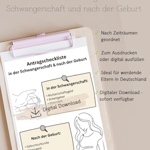 Könnte beinhalten: Eine digitale Checkliste für Schwangerschaft und nach der Geburt mit dem Text "Antragscheckliste in der Schwangerschaft & nach der Geburt". Die Checkliste enthält Abschnitte für vor und nach der Geburt, mit einer Zeichnung einer schwangeren Person.