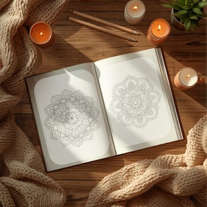 Könnte beinhalten: Ein offenes Buch mit Mandala-Designs liegt auf einer Holzoberfläche, umgeben von Kerzen, Bleistiften, kleinen Topfpflanzen und einer beigen Strickdecke. Die Seiten des Buches zeigen komplizierte, symmetrische Muster.