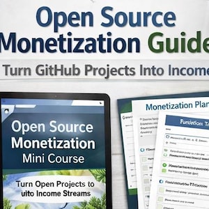 Może przedstawiać: Obraz promujący monetyzację open source. Tekst "Open Source Monetization Guide" i "Turn GitHub Projects Into Income" są wyraźnie widoczne. Tablet wyświetla minikurs, a dokumenty zatytułowane "Monetization Plan" i "Fundetions Tracker" są widoczne.