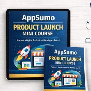 Könnte beinhalten: Ein Mini-Kurs zum Start digitaler Produkte von AppSumo wird auf einem Tablet und einem Buch angezeigt. Das Cover zeigt eine Rakete und ein Ladengeschäft. Der Text lautet "Starten Sie Ihr Produkt auf AppSumo" und "Leitfaden & Arbeitsbuch."