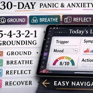 May include: A digital 30-day panic and anxiety tracker on a tablet. The interface includes sections for grounding, breathing, reflecting, and recovering. The screen shows a log with trigger, symptoms, mood, and actions taken sections.