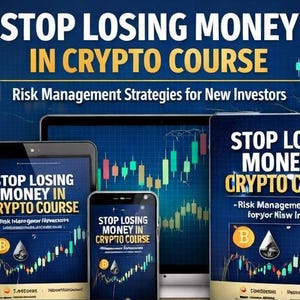 May include: Image of a course titled "STOP LOSING MONEY IN CRYPTO COURSE" displayed on a tablet, phone, and a book. The course covers risk management strategies for new investors. The background features a blue gradient with stock market charts.