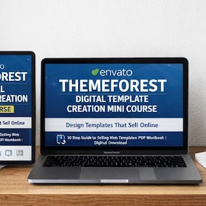 Può includere: Un laptop e un tablet mostrano il "Mini Corso di Creazione di Modelli Digitali ThemeForest" su una scrivania di legno. Gli schermi hanno uno sfondo blu con testo bianco. Sono presenti anche una tazza bianca e una piccola pianta.