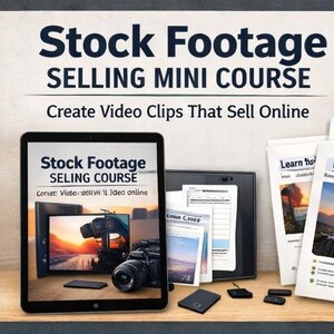 Op de afbeelding: Afbeelding die een minicursus voor stock footage promoot. De afbeelding toont een tablet en gedrukte materialen met de tekst "Stock Footage SELLING MINI COURSE" en "Create Video Clips That Sell Online". Een digitale camera is ook zichtbaar.