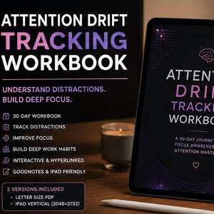 May include: An iPad displays the "Attention Drift Tracking Workbook" with text in white, pink, and purple. The workbook promises to help users understand distractions and build deep focus. A stylus and a candle are also visible.