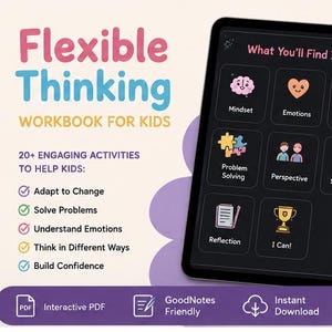 Può includere: Un quaderno di lavoro digitale per bambini intitolato "Flexible Thinking". Lo schermo nero mostra icone per mentalità, emozioni, scelte, problem solving, prospettiva e strategie. Sono visibili anche uno stilo bianco e un cuore rosa.