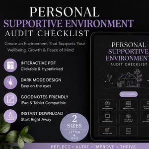 Könnte beinhalten: Eine digitale Audit-Checkliste auf einem Tablet mit dem Titel "Personal Supportive Environment Audit Checklist". Das dunkle Design umfasst interaktive PDF-Funktionen, GoodNotes-Kompatibilität und sofortigen Download. Ein weißer Stift befindet sich neben dem Tablet.