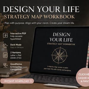 Peut inclure: Un cahier d'exercices numérique intitulé "Design Your Life Strategy Map Workbook" affiché sur une tablette avec un clavier. L'écran affiche un design de boussole. L'image comprend du texte sur le PDF interactif, le mode sombre et la compatibilité.