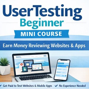 Może przedstawiać: Obraz promocyjny dla Mini Kursu dla Początkujących UserTesting. Obraz przedstawia laptopa, smartfona i małą roślinę doniczkową. Tekst na obrazie brzmi "Zarabiaj pieniądze recenzując strony internetowe i aplikacje".