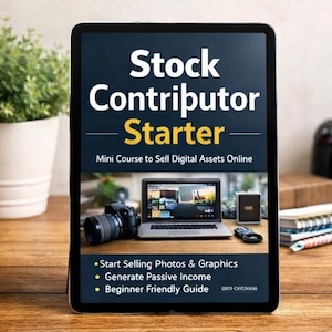 May include: A tablet displays "Stock Contributor Starter" with a laptop, camera, and accessories. The text promotes selling photos and graphics, generating passive income, and a beginner-friendly guide. A potted plant and camera are in the background.