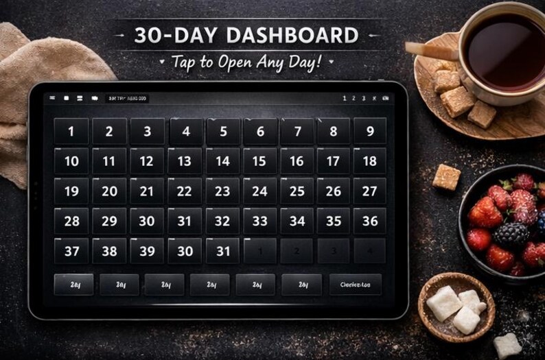 Pode incluir: Tablet digital preto exibindo um painel de 30 dias com bot&otilde;es numerados. A imagem inclui uma x&iacute;cara de caf&eacute;, cubos de a&ccedil;&uacute;car e uma tigela de frutas vermelhas, sugerindo um tema de planejamento.