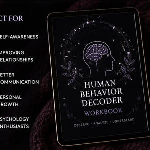 May include: A digital tablet displays the cover of the "Human Behavior Decoder Workbook." The cover is black with a brain and profile illustration. Text includes "Observe, Analyze, Understand." The tablet is next to a black mug with a gold rim.