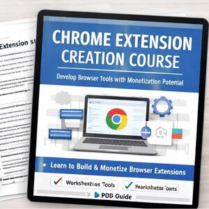 Könnte beinhalten: Ein digitales Tablet zeigt einen "Chrome Extension Creation Course" mit einer Laptop-Grafik und dem Chrome-Logo. Begleitend zum Tablet sind gedruckte Dokumente, ein Stift und eine Tasse Kaffee. Der Kurs verspricht, beim Erstellen und Monetarisieren von Browsererweiterungen zu helfen.