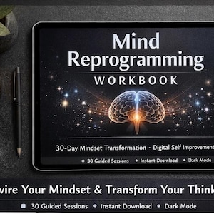 May include: A tablet displaying the "Mind Reprogramming WORKBOOK". The cover shows a glowing brain graphic. Text includes "30-Day Mindset Transformation" and "Rewire Your Mindset & Transform Your Thinking". A candle and pen are also visible.