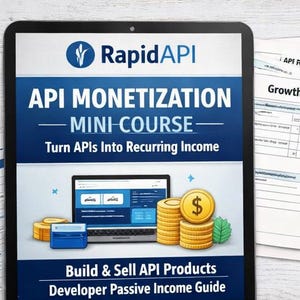 Op de afbeelding: Een tablet toont een afbeelding voor een API-monetisatie minicursus. De tekst luidt "API Monetization - Mini Course - Turn APIs Into Recurring Income". Er zijn stapels munten met dollartekens en een laptop. Papieren documenten bevinden zich links en rechts.