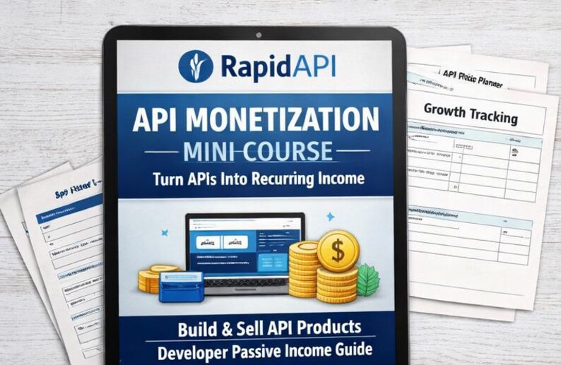 Puede incluir: Una tableta muestra un gr&aacute;fico para un minicurso de monetizaci&oacute;n de API. El texto dice "API Monetization - Mini Course - Turn APIs Into Recurring Income". Tambi&eacute;n se muestran pilas de monedas con s&iacute;mbolos de d&oacute;lar y un ordenador port&aacute;til. Hay documentos en papel a la izquierda y a la derecha.