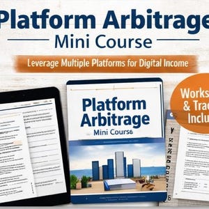 May include: An image promoting a "Platform Arbitrage Mini Course." The image includes a tablet, a book, and printed worksheets. The book cover displays the course title and a cityscape graphic. The text "Worksheets & Trackers Included" is also visible.