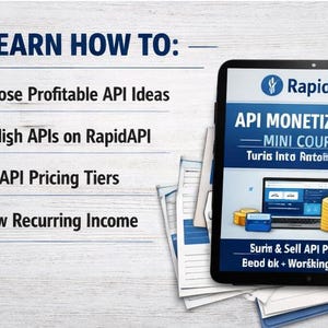 Puede incluir: Una tableta muestra un minicurso "RapidAPI" sobre monetizaci&oacute;n de API. La pantalla muestra una computadora port&aacute;til, pilas de monedas y una tarjeta de cr&eacute;dito. El texto de la izquierda enumera los pasos: Elegir ideas de API rentables, Publicar API, Establecer niveles de precios de API.