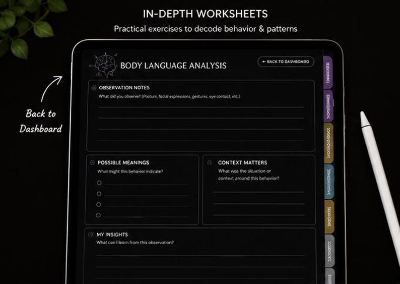 May include: A digital worksheet on a tablet screen, designed for body language analysis. The black screen displays sections for observation notes, possible meanings, and context. A white stylus rests beside the tablet. Text includes "In-Depth Worksheets" and "Body Language Analysis."