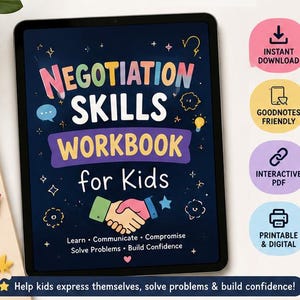 Può includere: Un tablet mostra un quaderno di lavoro digitale intitolato "Negotiation Skills Workbook for Kids". La copertina è blu scuro con testo e illustrazioni colorate. Include icone per il download immediato, compatibile con GoodNotes, PDF interattivo e stampabile e digitale.