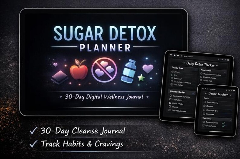 Pode incluir: Planejador digital intitulado "Sugar Detox Planner" com ilustra&ccedil;&otilde;es de uma ma&ccedil;&atilde;, uma garrafa e um cora&ccedil;&atilde;o. O planejador inclui um di&aacute;rio de limpeza de 30 dias e um rastreador de h&aacute;bitos e desejos. Tr&ecirc;s tablets exibem a interface do planejador.