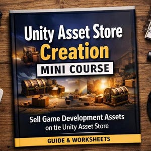 May include: A book titled "Unity Asset Store Creation MINI COURSE" with a graphic of treasure chests and a cityscape. The book is on a wooden surface with a keyboard, headphones, and a notepad.