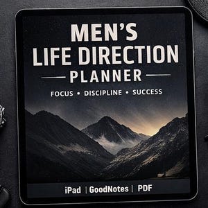May include: A black and silver wristwatch, a black leather wallet, and a cup of coffee sit on a dark surface next to a tablet. The tablet displays the text "MEN'S LIFE DIRECTION PLANNER" with the words "FOCUS, DISCIPLINE, SUCCESS" below.