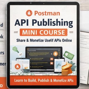 May include: A digital download advertisement for a Postman API Publishing Mini Course. The image on the tablet shows a laptop, tablet, and phone with the text "Share & Monetize Usefif APIs Online". The text also includes "Instant Download" and "PDF Ebook".