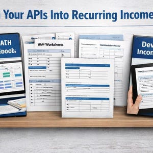 Puede incluir: Imagen que presenta una tableta y documentos impresos con el texto "Turn Your APIs Into Recurring Income!". La tableta muestra datos, y los documentos tienen texto azul y negro. La imagen est&aacute; sobre una estanter&iacute;a de madera.