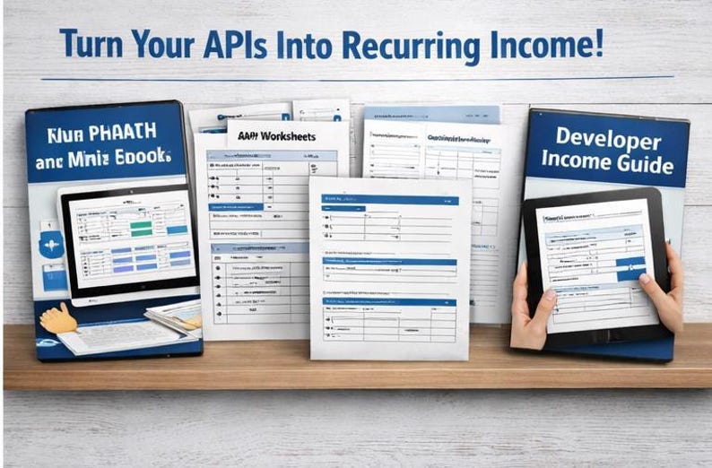 Puede incluir: Imagen que presenta una tableta y documentos impresos con el texto "Turn Your APIs Into Recurring Income!". La tableta muestra datos, y los documentos tienen texto azul y negro. La imagen est&aacute; sobre una estanter&iacute;a de madera.