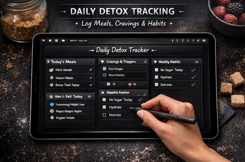 Pode incluir: Um tablet digital exibindo uma interface "Daily Detox Tracker". A tela mostra se&ccedil;&otilde;es para refei&ccedil;&otilde;es, desejos e h&aacute;bitos, com caixas de sele&ccedil;&atilde;o e texto. A imagem inclui o texto: "Log Meals, Cravings & Habits". Uma m&atilde;o segura uma caneta, interagindo com a tela.