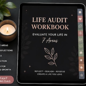 May include: A digital tablet displays a "Life Audit Workbook" with text and icons. The screen is black with rose gold text and a floral design. A lit candle and a stylus are next to the tablet. The workbook promises to help evaluate life in 7 areas.