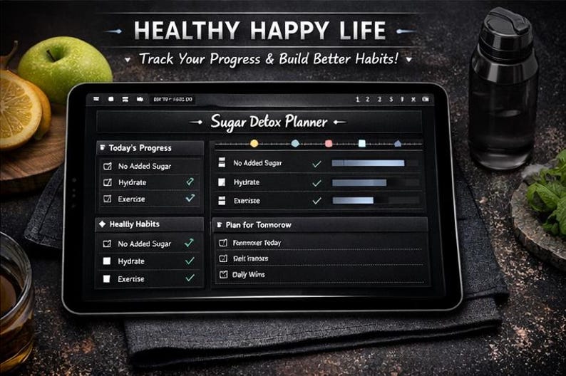 Pode incluir: Um tablet digital exibindo uma interface "Sugar Detox Planner". A tela mostra o acompanhamento do progresso para h&aacute;bitos di&aacute;rios como "No Added Sugar", "Hydrate" e "Exercise". A imagem inclui o texto: "HEALTHY HAPPY LIFE" e "Track Your Progress & Build Better Habits!"
