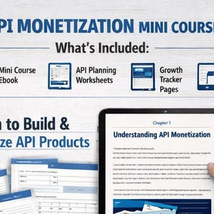 Puede incluir: Un anuncio de un mini-curso de monetizaci&oacute;n de API. La imagen incluye una tableta que muestra un cap&iacute;tulo del curso, junto con iconos que representan un libro electr&oacute;nico de mini-curso, hojas de trabajo de planificaci&oacute;n de API, p&aacute;ginas de seguimiento de crecimiento y archivos PDF.