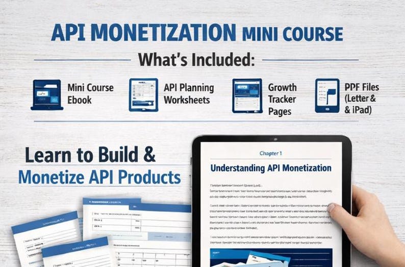 Puede incluir: Un anuncio de un mini-curso de monetizaci&oacute;n de API. La imagen incluye una tableta que muestra un cap&iacute;tulo del curso, junto con iconos que representan un libro electr&oacute;nico de mini-curso, hojas de trabajo de planificaci&oacute;n de API, p&aacute;ginas de seguimiento de crecimiento y archivos PDF.
