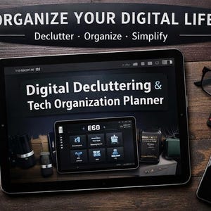 May include: A tablet showing a "Digital Decluttering & Tech Organization Planner" interface, with the text "Organize Your Digital Life." Accessories include a coffee cup, spectacles, a smartphone, and a memory card, on a wooden surface.